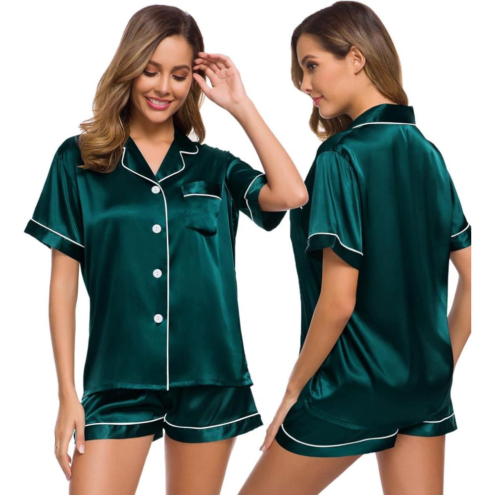 imageSWOMOG Womens Silk Satin Pajamas Set Short Sleeve Sleepwear Button Down Top and Shorts Loungewear 2 Piece Pjs Set XS3XLDeep Green With White Piping
