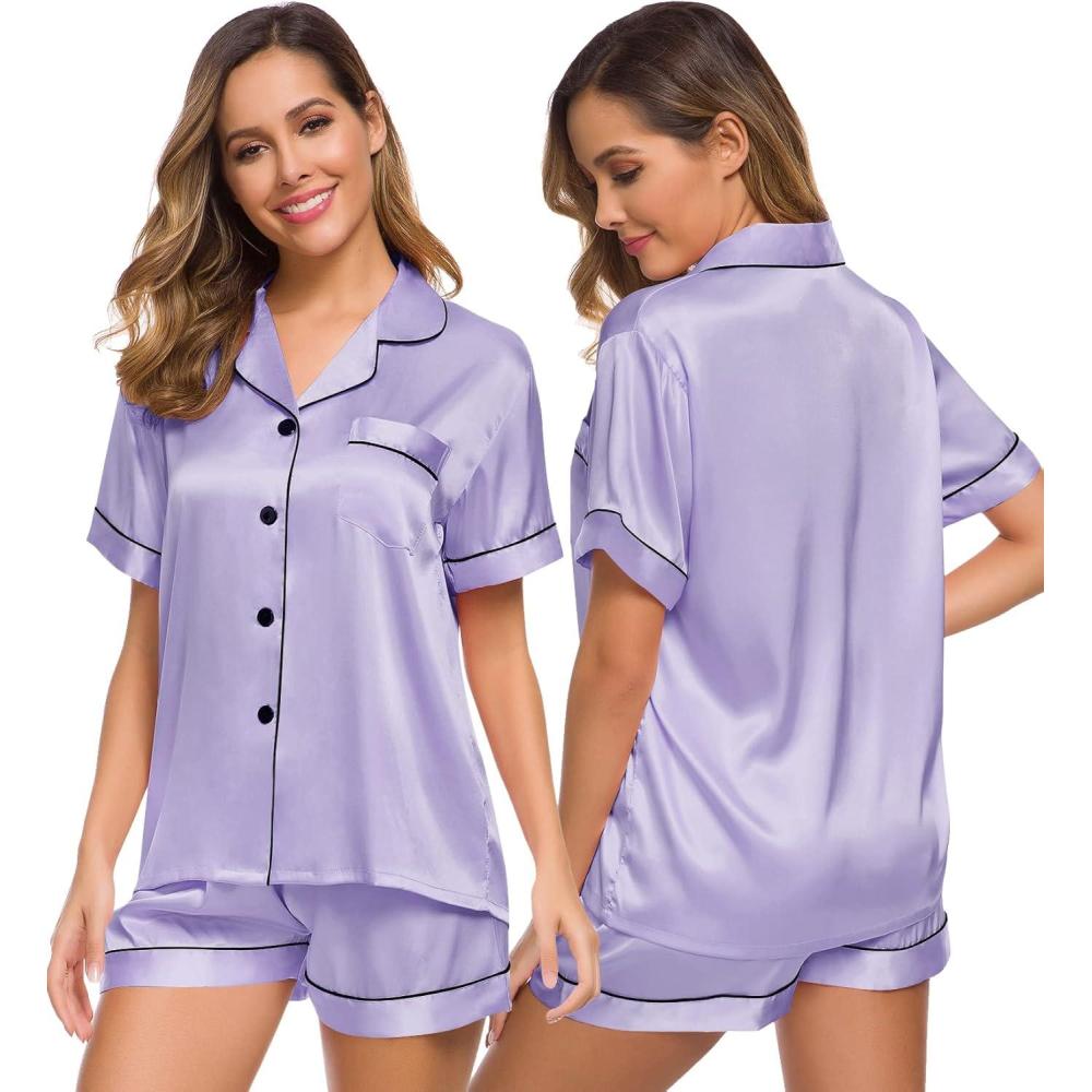 imageSWOMOG Womens Silk Satin Pajamas Set Short Sleeve Sleepwear Button Down Top and Shorts Loungewear 2 Piece Pjs Set XS3XLDeep Lavender