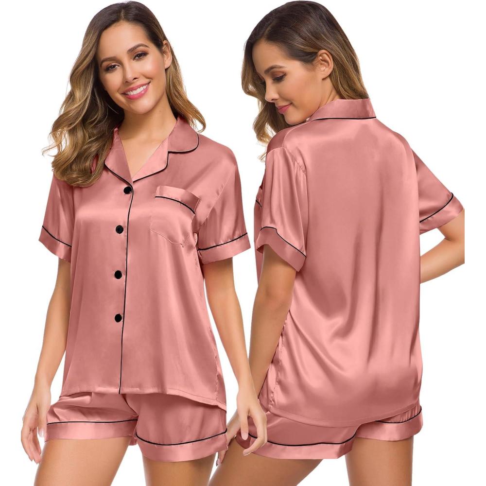 imageSWOMOG Womens Silk Satin Pajamas Set Short Sleeve Sleepwear Button Down Top and Shorts Loungewear 2 Piece Pjs Set XS3XLDeep Misty Rose