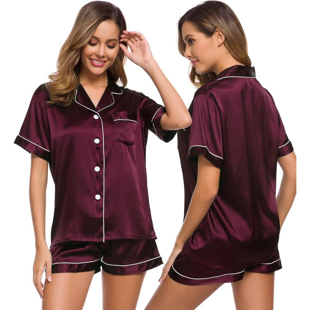 imageSWOMOG Womens Silk Satin Pajamas Set Short Sleeve Sleepwear Button Down Top and Shorts Loungewear 2 Piece Pjs Set XS3XLDeep Wine Red