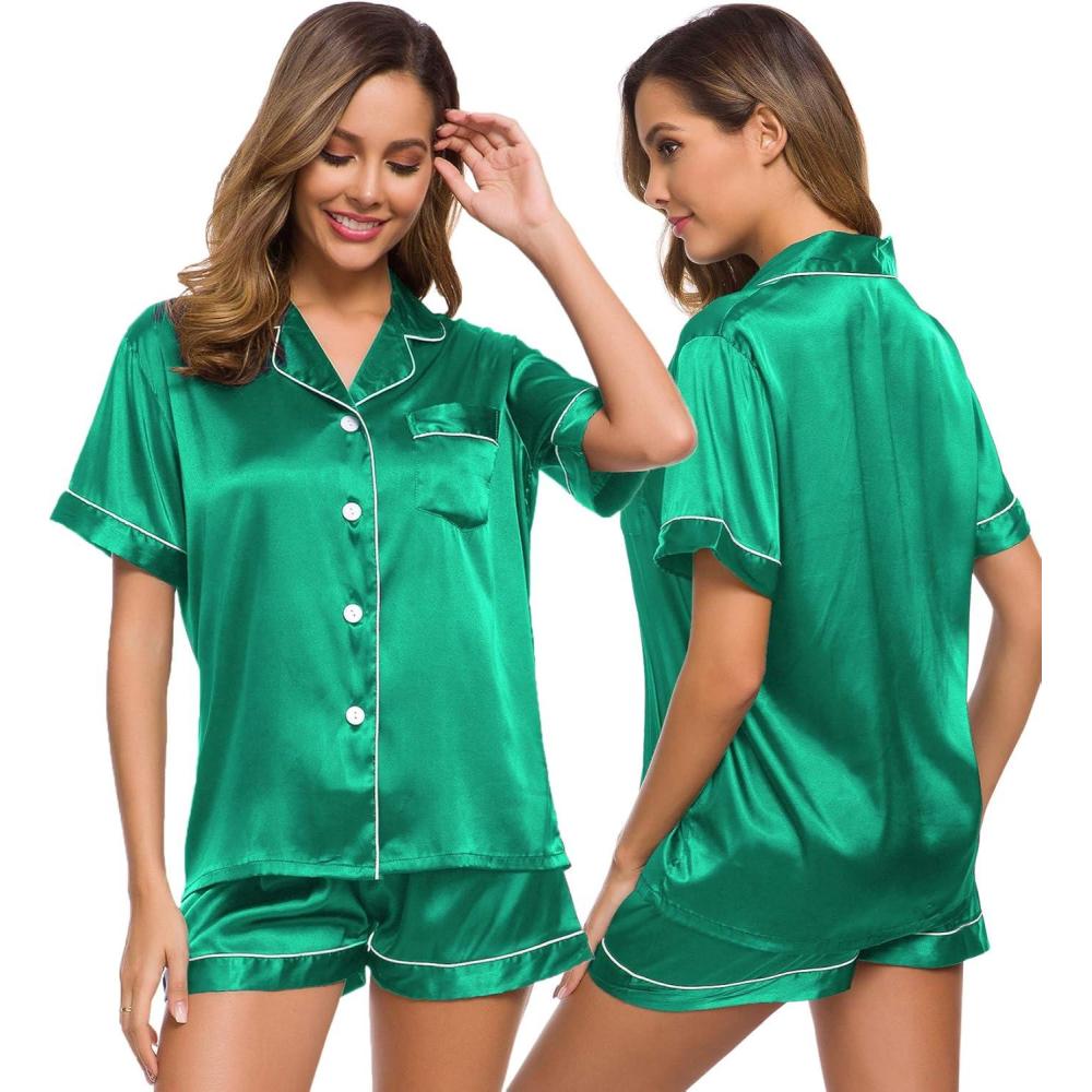 imageSWOMOG Womens Silk Satin Pajamas Set Short Sleeve Sleepwear Button Down Top and Shorts Loungewear 2 Piece Pjs Set XS3XLEmerald Green