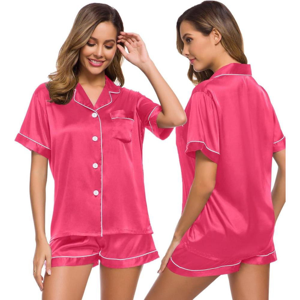 imageSWOMOG Womens Silk Satin Pajamas Set Short Sleeve Sleepwear Button Down Top and Shorts Loungewear 2 Piece Pjs Set XS3XLFandango Pink