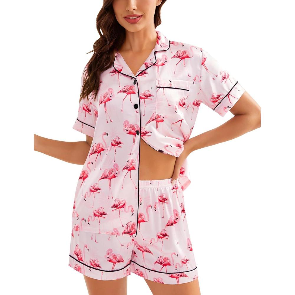 imageSWOMOG Womens Silk Satin Pajamas Set Short Sleeve Sleepwear Button Down Top and Shorts Loungewear 2 Piece Pjs Set XS3XLFlamingo Pink