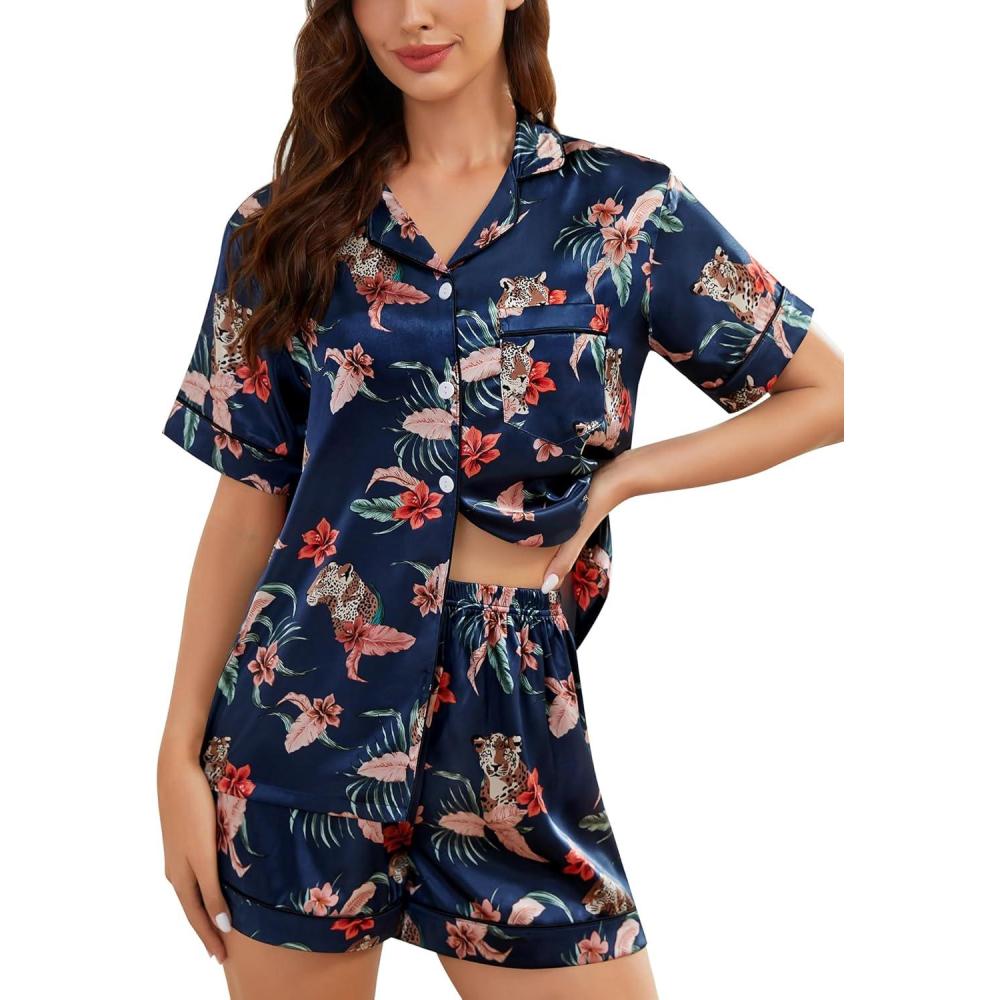 imageSWOMOG Womens Silk Satin Pajamas Set Short Sleeve Sleepwear Button Down Top and Shorts Loungewear 2 Piece Pjs Set XS3XLFloral Leopard