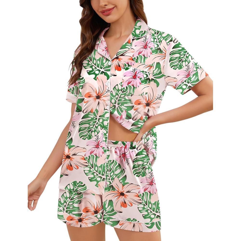 imageSWOMOG Womens Silk Satin Pajamas Set Short Sleeve Sleepwear Button Down Top and Shorts Loungewear 2 Piece Pjs Set XS3XLFloral Light Green