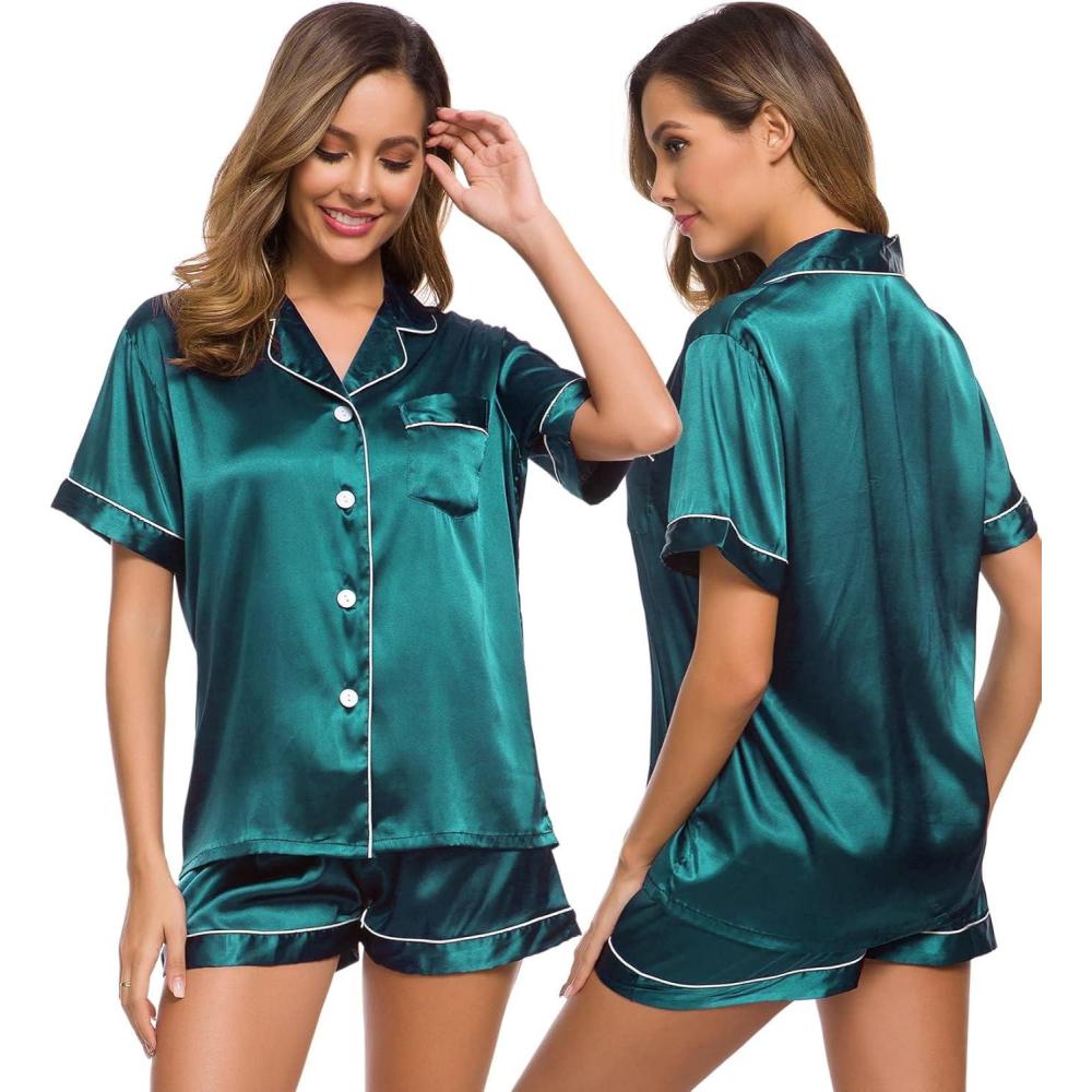 imageSWOMOG Womens Silk Satin Pajamas Set Short Sleeve Sleepwear Button Down Top and Shorts Loungewear 2 Piece Pjs Set XS3XLGreen