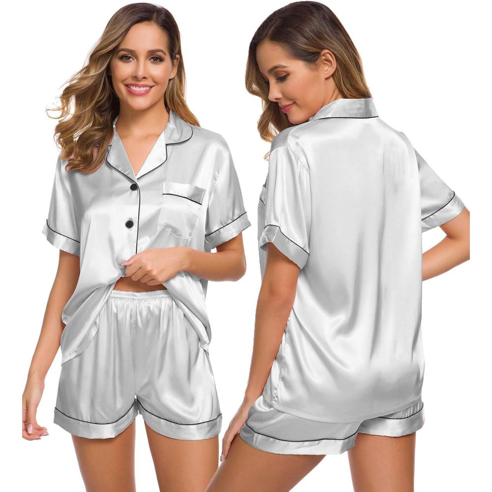 imageSWOMOG Womens Silk Satin Pajamas Set Short Sleeve Sleepwear Button Down Top and Shorts Loungewear 2 Piece Pjs Set XS3XLGrey