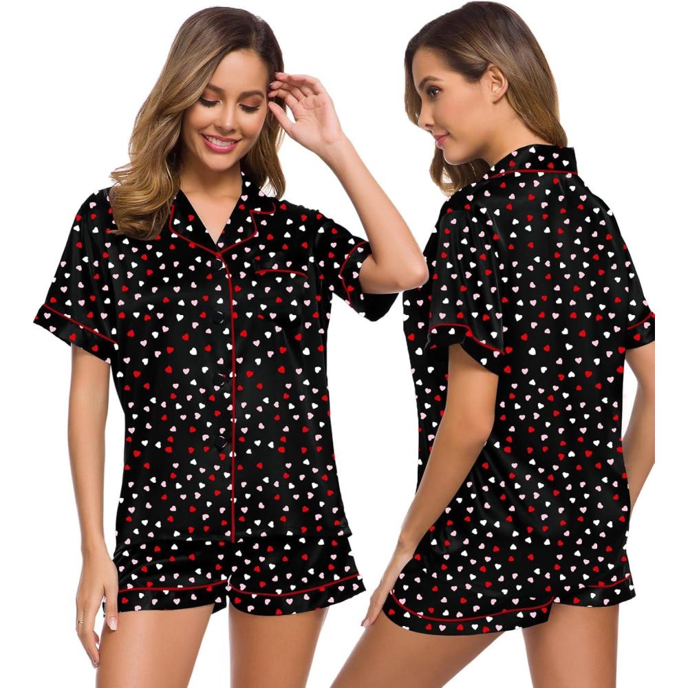 imageSWOMOG Womens Silk Satin Pajamas Set Short Sleeve Sleepwear Button Down Top and Shorts Loungewear 2 Piece Pjs Set XS3XLHeart Collage