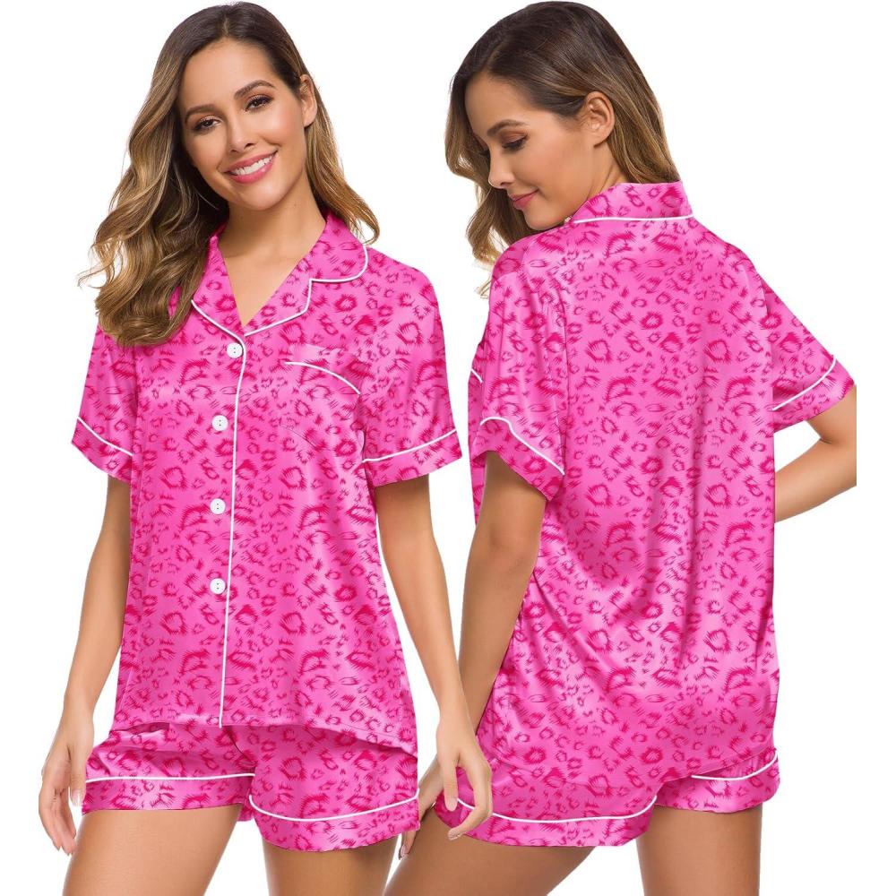 imageSWOMOG Womens Silk Satin Pajamas Set Short Sleeve Sleepwear Button Down Top and Shorts Loungewear 2 Piece Pjs Set XS3XLHot Pink Leopard