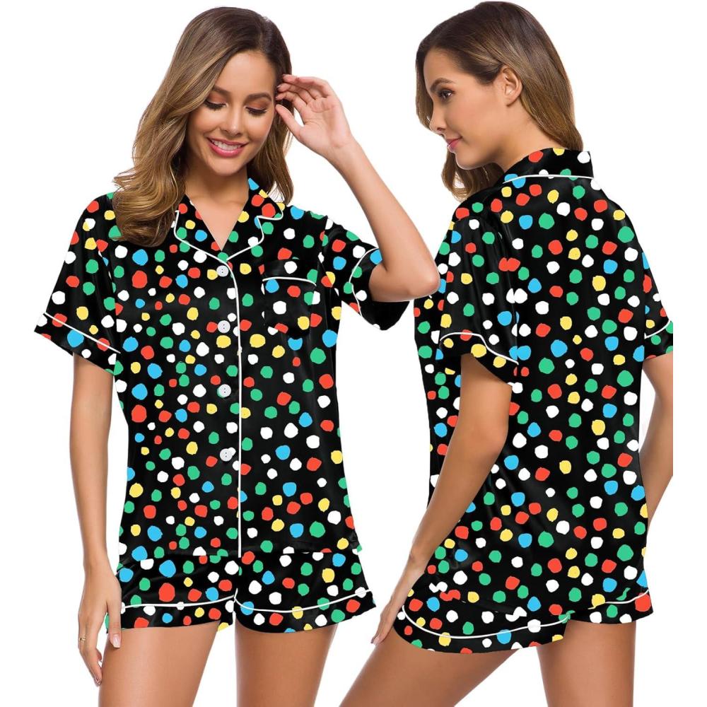 imageSWOMOG Womens Silk Satin Pajamas Set Short Sleeve Sleepwear Button Down Top and Shorts Loungewear 2 Piece Pjs Set XS3XLL Vpainted Dots