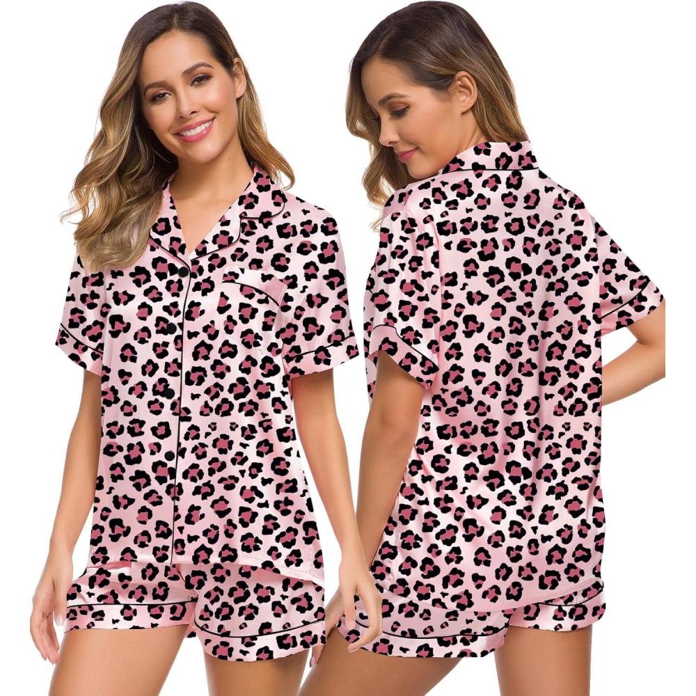 imageSWOMOG Womens Silk Satin Pajamas Set Short Sleeve Sleepwear Button Down Top and Shorts Loungewear 2 Piece Pjs Set XS3XLLeopard