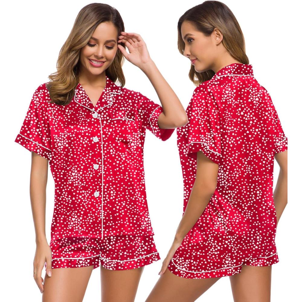 imageSWOMOG Womens Silk Satin Pajamas Set Short Sleeve Sleepwear Button Down Top and Shorts Loungewear 2 Piece Pjs Set XS3XLLipstick Red Mini Hearts