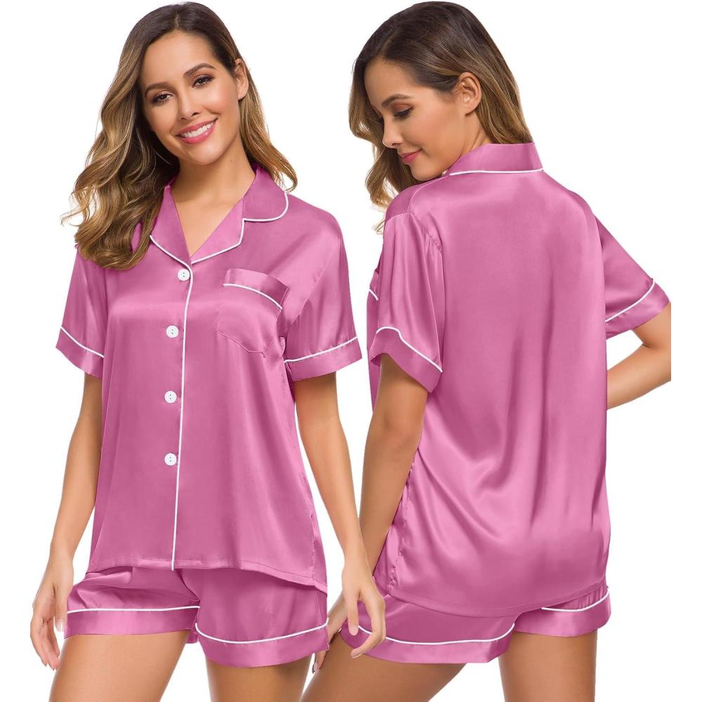 imageSWOMOG Womens Silk Satin Pajamas Set Short Sleeve Sleepwear Button Down Top and Shorts Loungewear 2 Piece Pjs Set XS3XLMauve Pink