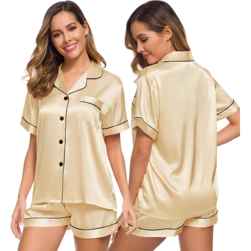 imageSWOMOG Womens Silk Satin Pajamas Set Short Sleeve Sleepwear Button Down Top and Shorts Loungewear 2 Piece Pjs Set XS3XLMellow Apricot