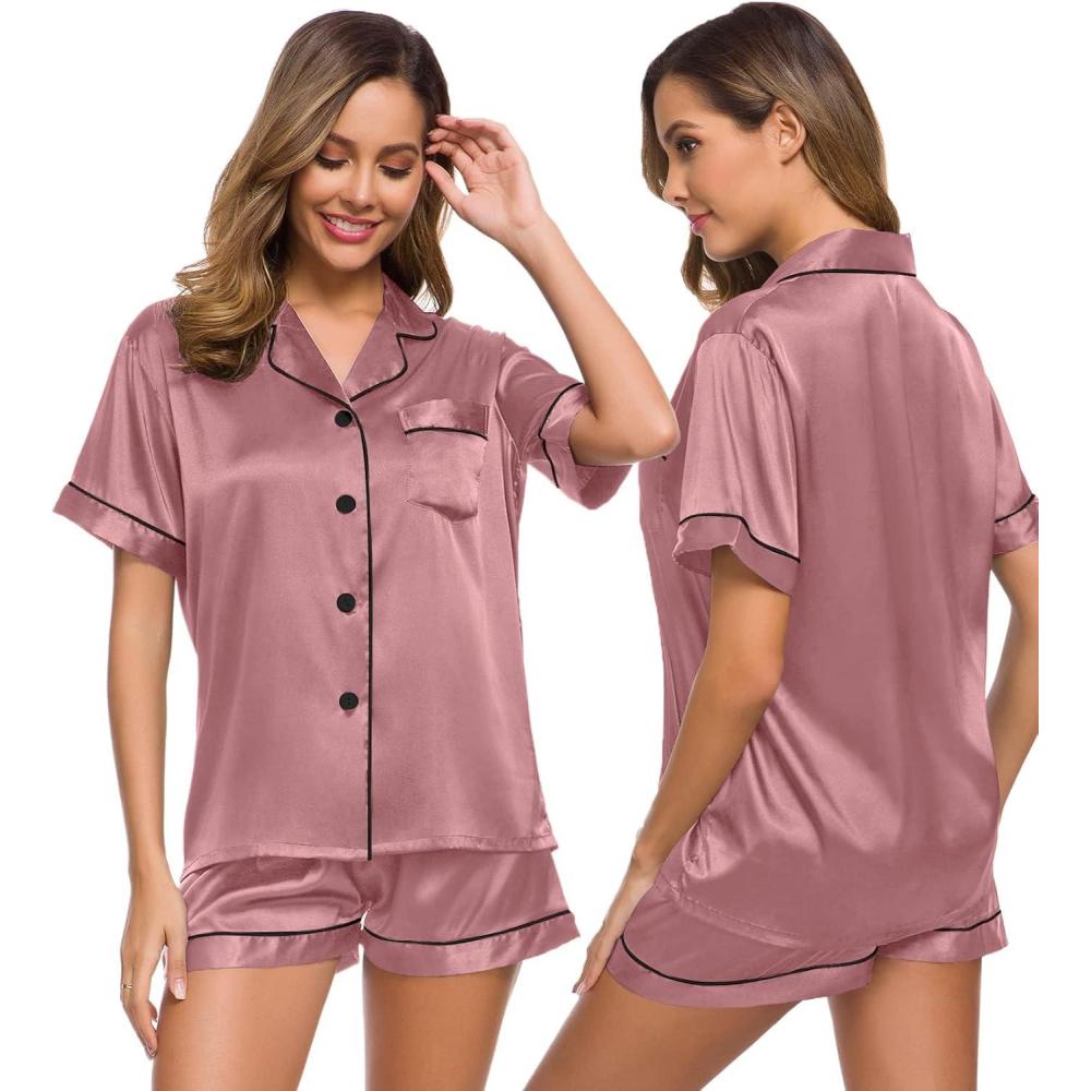 imageSWOMOG Womens Silk Satin Pajamas Set Short Sleeve Sleepwear Button Down Top and Shorts Loungewear 2 Piece Pjs Set XS3XLMisty Rose