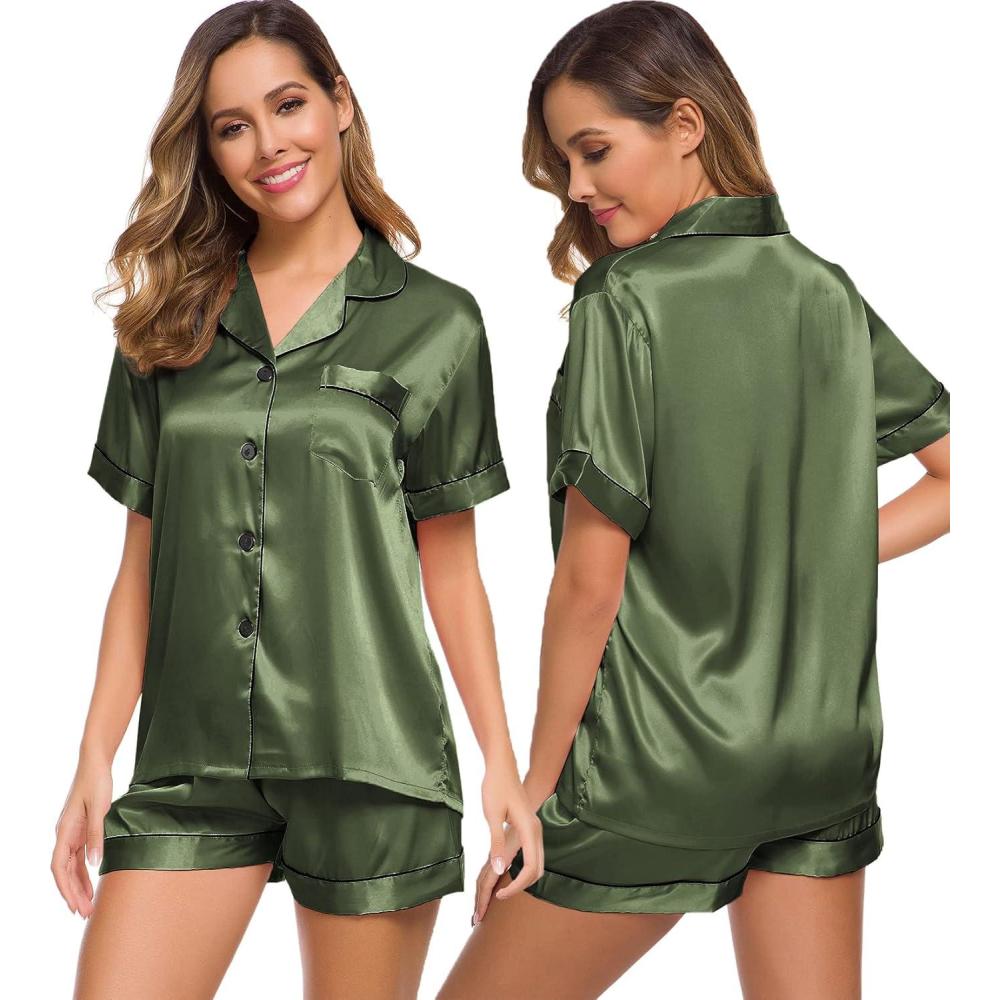 imageSWOMOG Womens Silk Satin Pajamas Set Short Sleeve Sleepwear Button Down Top and Shorts Loungewear 2 Piece Pjs Set XS3XLOlive Green