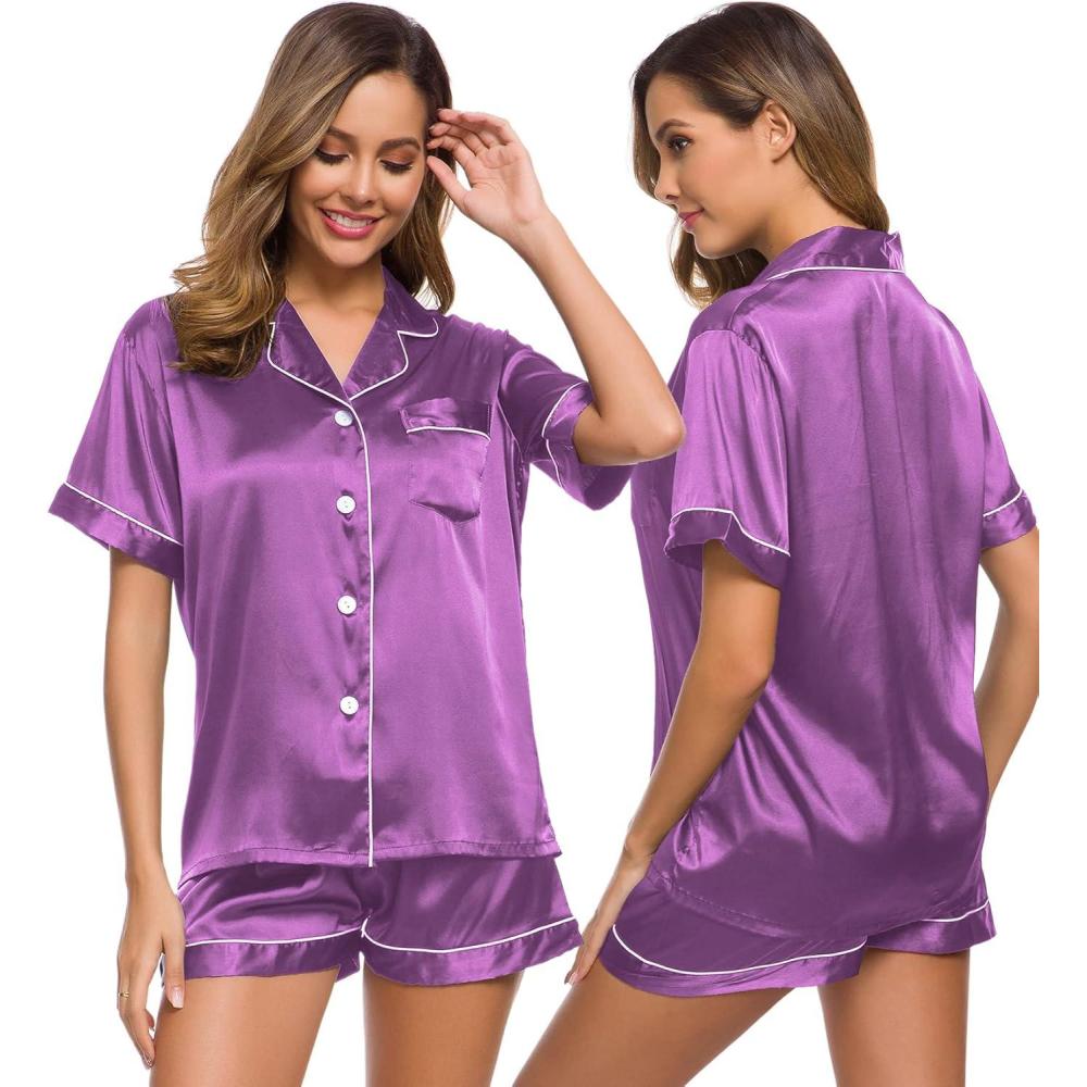 imageSWOMOG Womens Silk Satin Pajamas Set Short Sleeve Sleepwear Button Down Top and Shorts Loungewear 2 Piece Pjs Set XS3XLOrchid