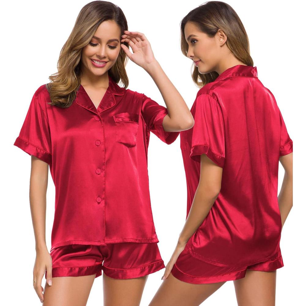 imageSWOMOG Womens Silk Satin Pajamas Set Short Sleeve Sleepwear Button Down Top and Shorts Loungewear 2 Piece Pjs Set XS3XLRed Solid