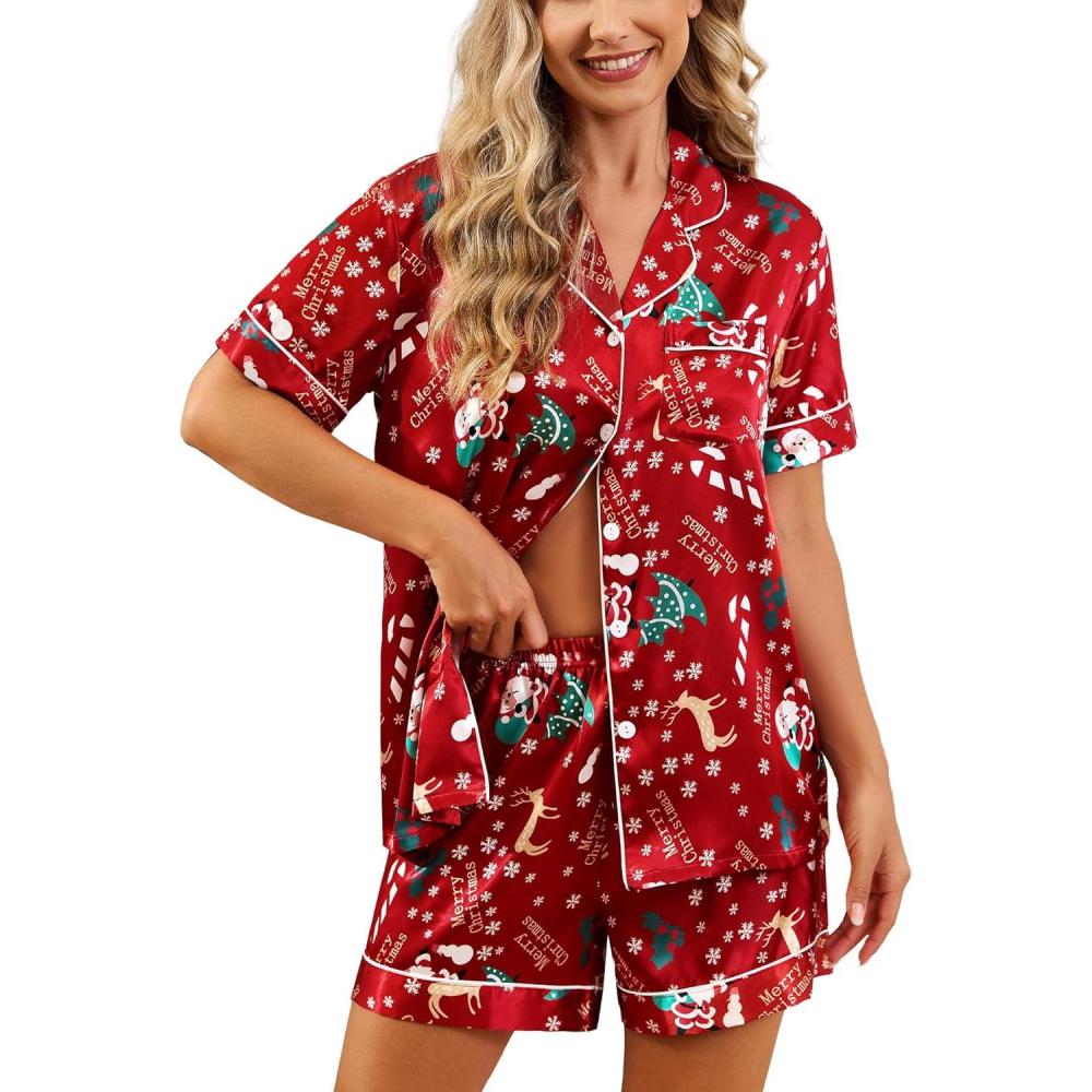 imageSWOMOG Womens Silk Satin Pajamas Set Short Sleeve Sleepwear Button Down Top and Shorts Loungewear 2 Piece Pjs Set XS3XLSantas Red Festive Print
