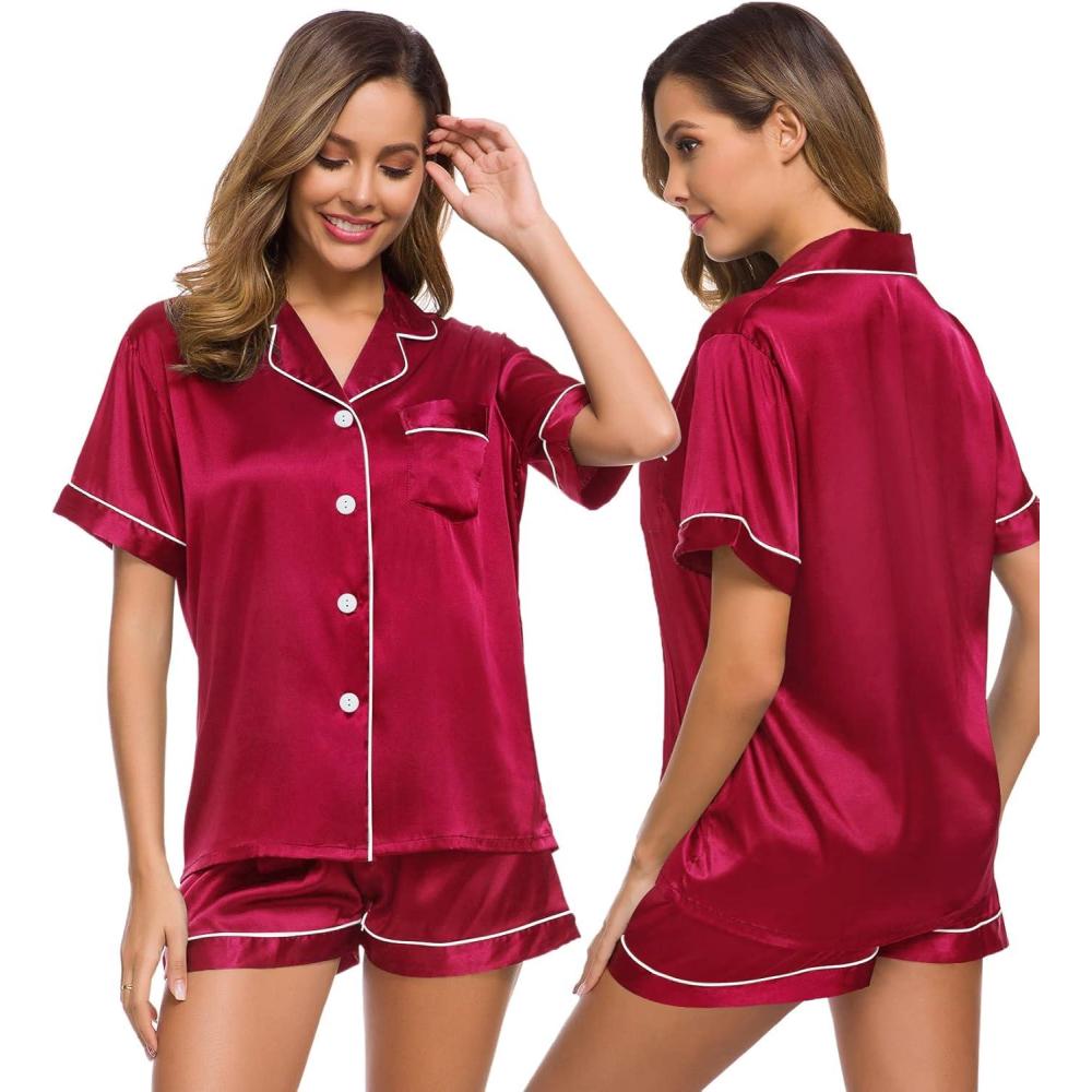 imageSWOMOG Womens Silk Satin Pajamas Set Short Sleeve Sleepwear Button Down Top and Shorts Loungewear 2 Piece Pjs Set XS3XLScarlet Red