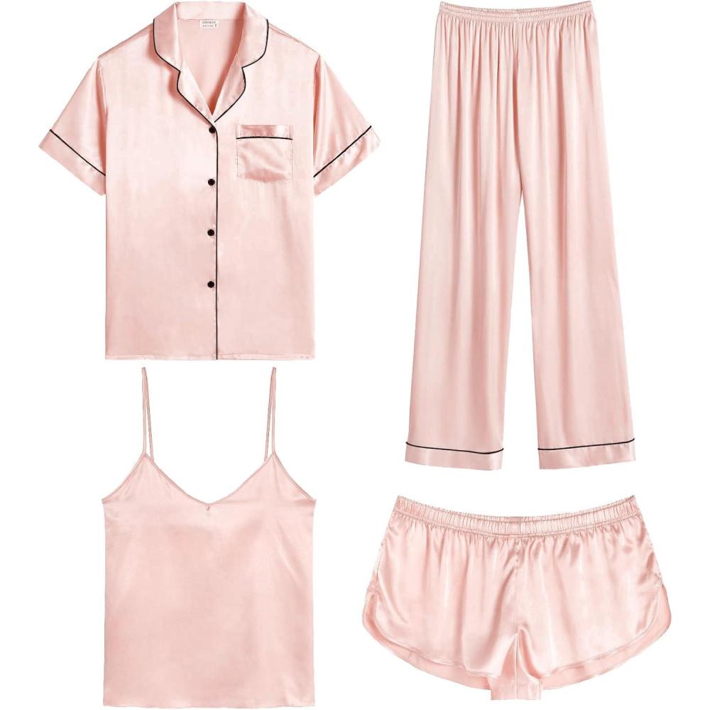 imageSWOMOG Womens Silk Satin Pajamas Sets 4pcs Sleepwear Sexy Cami Shorts Set and Button Down Short Sleeve Pjs LoungewearBlush Pink