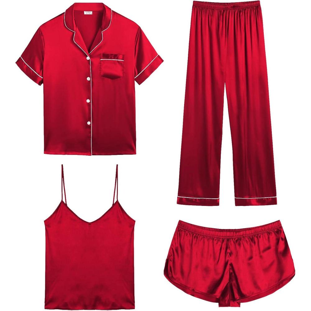 imageSWOMOG Womens Silk Satin Pajamas Sets 4pcs Sleepwear Sexy Cami Shorts Set and Button Down Short Sleeve Pjs LoungewearChristmas Red