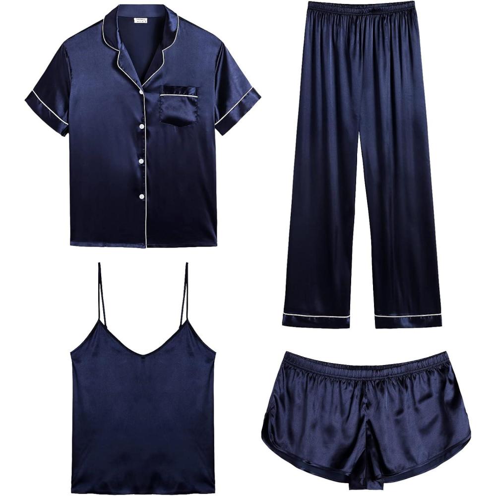imageSWOMOG Womens Silk Satin Pajamas Sets 4pcs Sleepwear Sexy Cami Shorts Set and Button Down Short Sleeve Pjs LoungewearDeep Navy Blue