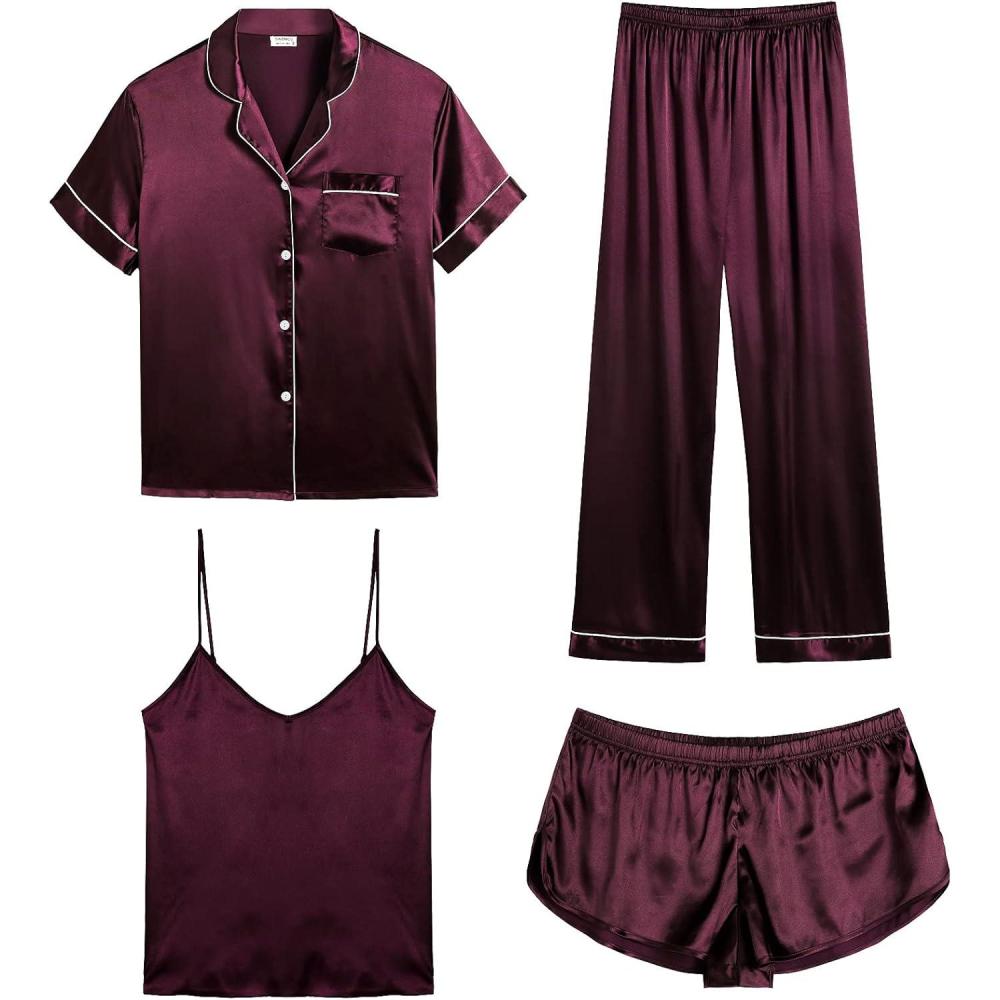 imageSWOMOG Womens Silk Satin Pajamas Sets 4pcs Sleepwear Sexy Cami Shorts Set and Button Down Short Sleeve Pjs LoungewearDeep Wine Red