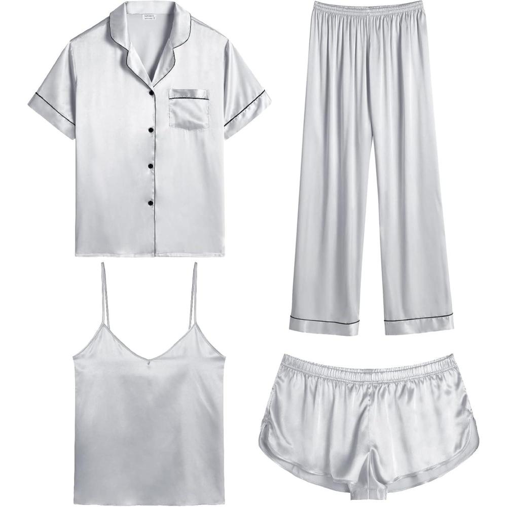 imageSWOMOG Womens Silk Satin Pajamas Sets 4pcs Sleepwear Sexy Cami Shorts Set and Button Down Short Sleeve Pjs LoungewearGrey