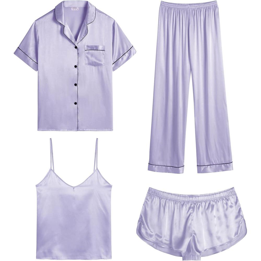 imageSWOMOG Womens Silk Satin Pajamas Sets 4pcs Sleepwear Sexy Cami Shorts Set and Button Down Short Sleeve Pjs LoungewearLavender