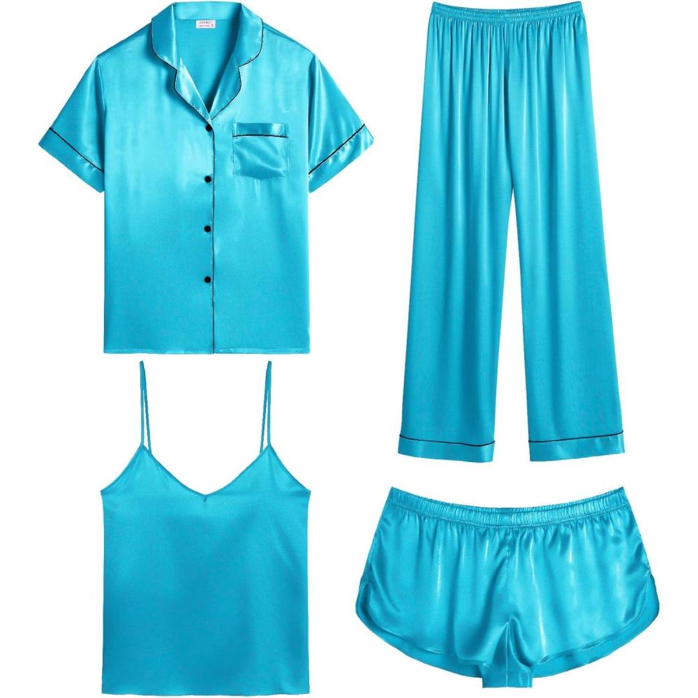 imageSWOMOG Womens Silk Satin Pajamas Sets 4pcs Sleepwear Sexy Cami Shorts Set and Button Down Short Sleeve Pjs LoungewearLight Blue