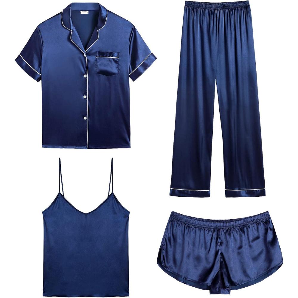 imageSWOMOG Womens Silk Satin Pajamas Sets 4pcs Sleepwear Sexy Cami Shorts Set and Button Down Short Sleeve Pjs LoungewearNavy Blue