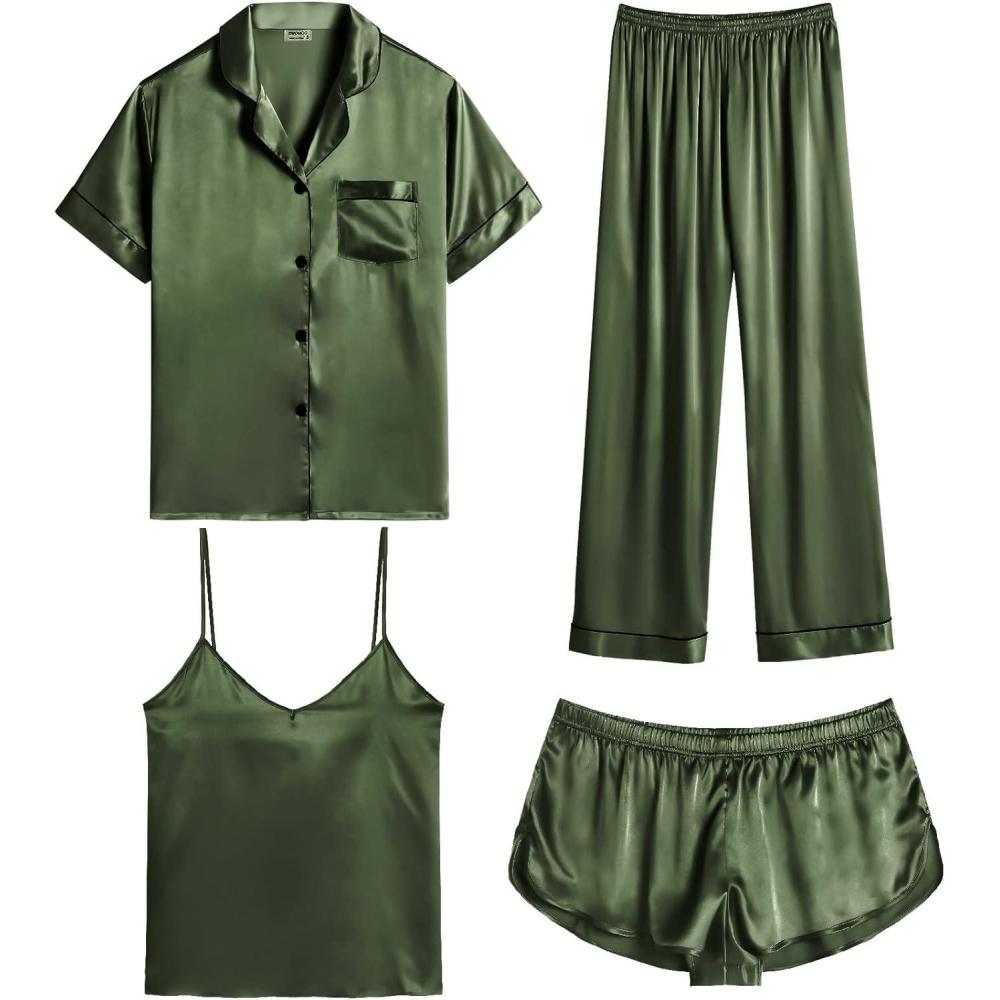 imageSWOMOG Womens Silk Satin Pajamas Sets 4pcs Sleepwear Sexy Cami Shorts Set and Button Down Short Sleeve Pjs LoungewearOlive Green