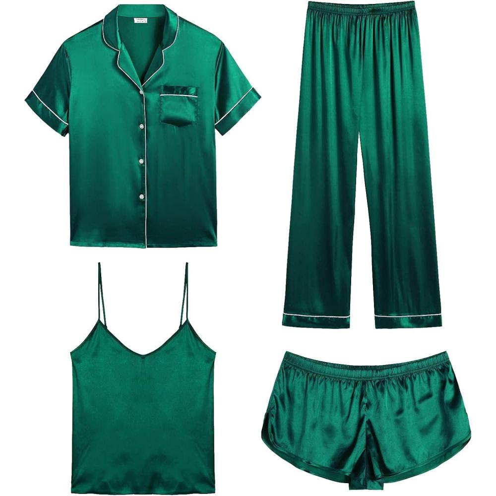 imageSWOMOG Womens Silk Satin Pajamas Sets 4pcs Sleepwear Sexy Cami Shorts Set and Button Down Short Sleeve Pjs LoungewearPersian Green