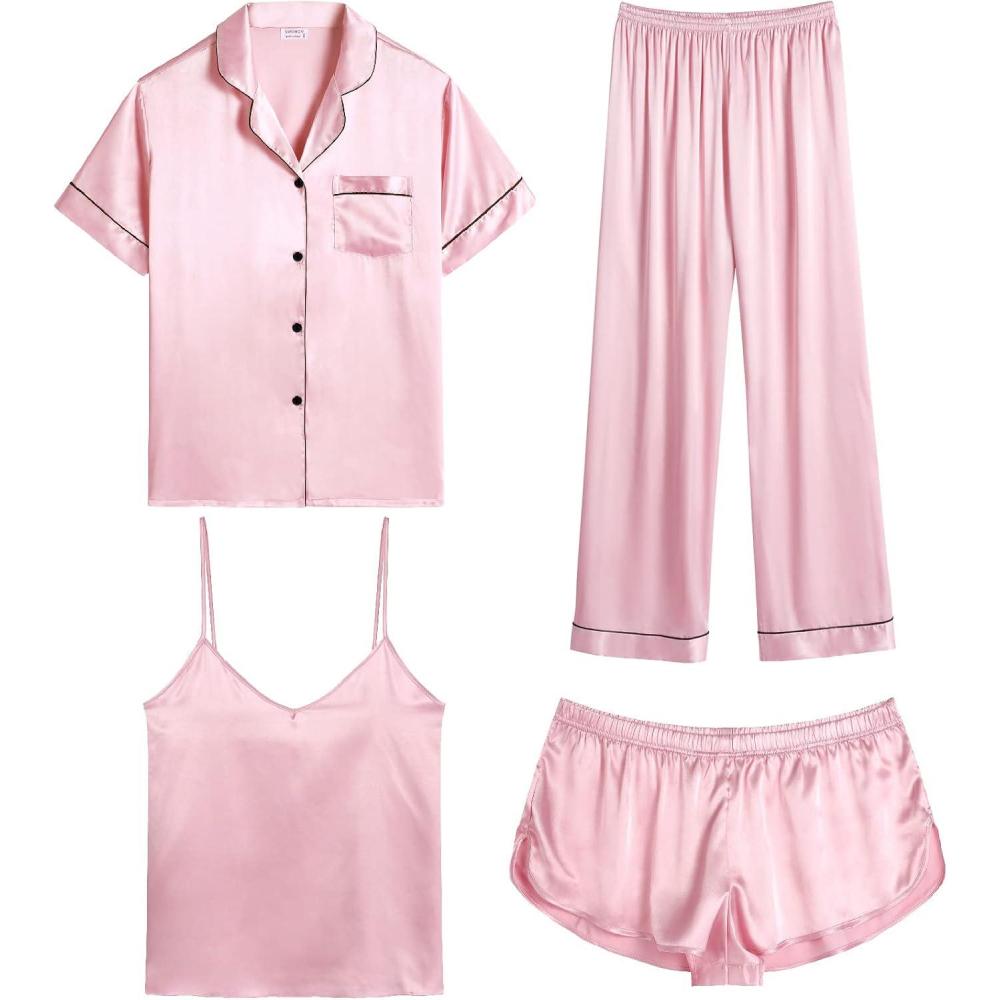 imageSWOMOG Womens Silk Satin Pajamas Sets 4pcs Sleepwear Sexy Cami Shorts Set and Button Down Short Sleeve Pjs LoungewearPink