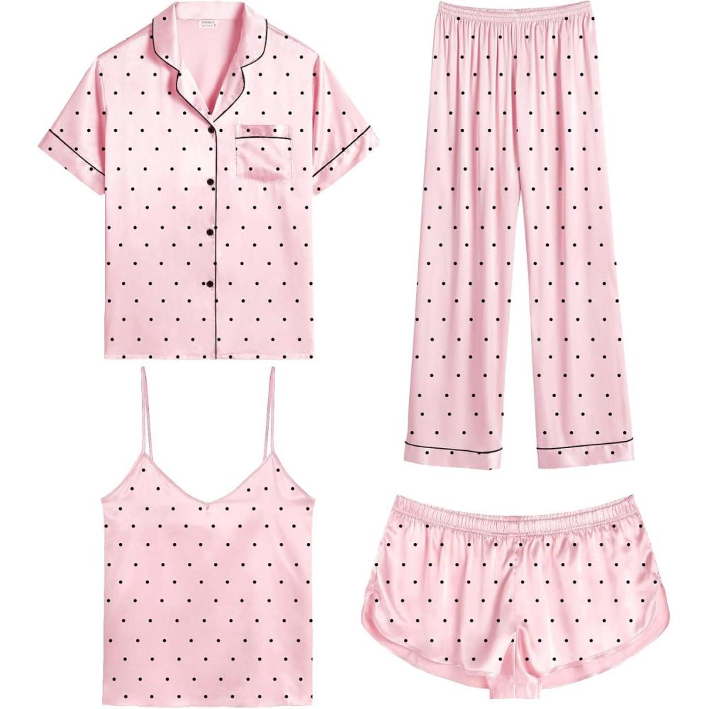 imageSWOMOG Womens Silk Satin Pajamas Sets 4pcs Sleepwear Sexy Cami Shorts Set and Button Down Short Sleeve Pjs LoungewearPink Dots
