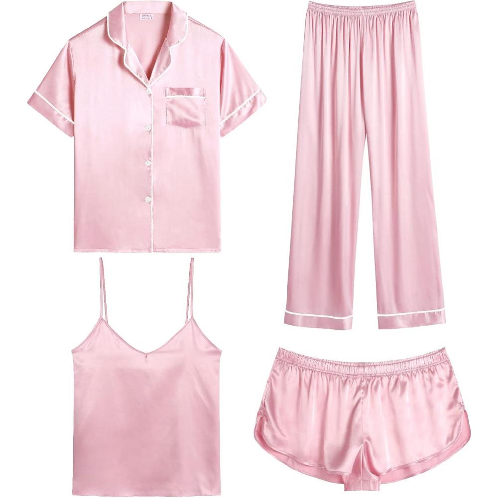 imageSWOMOG Womens Silk Satin Pajamas Sets 4pcs Sleepwear Sexy Cami Shorts Set and Button Down Short Sleeve Pjs LoungewearPink White Piping