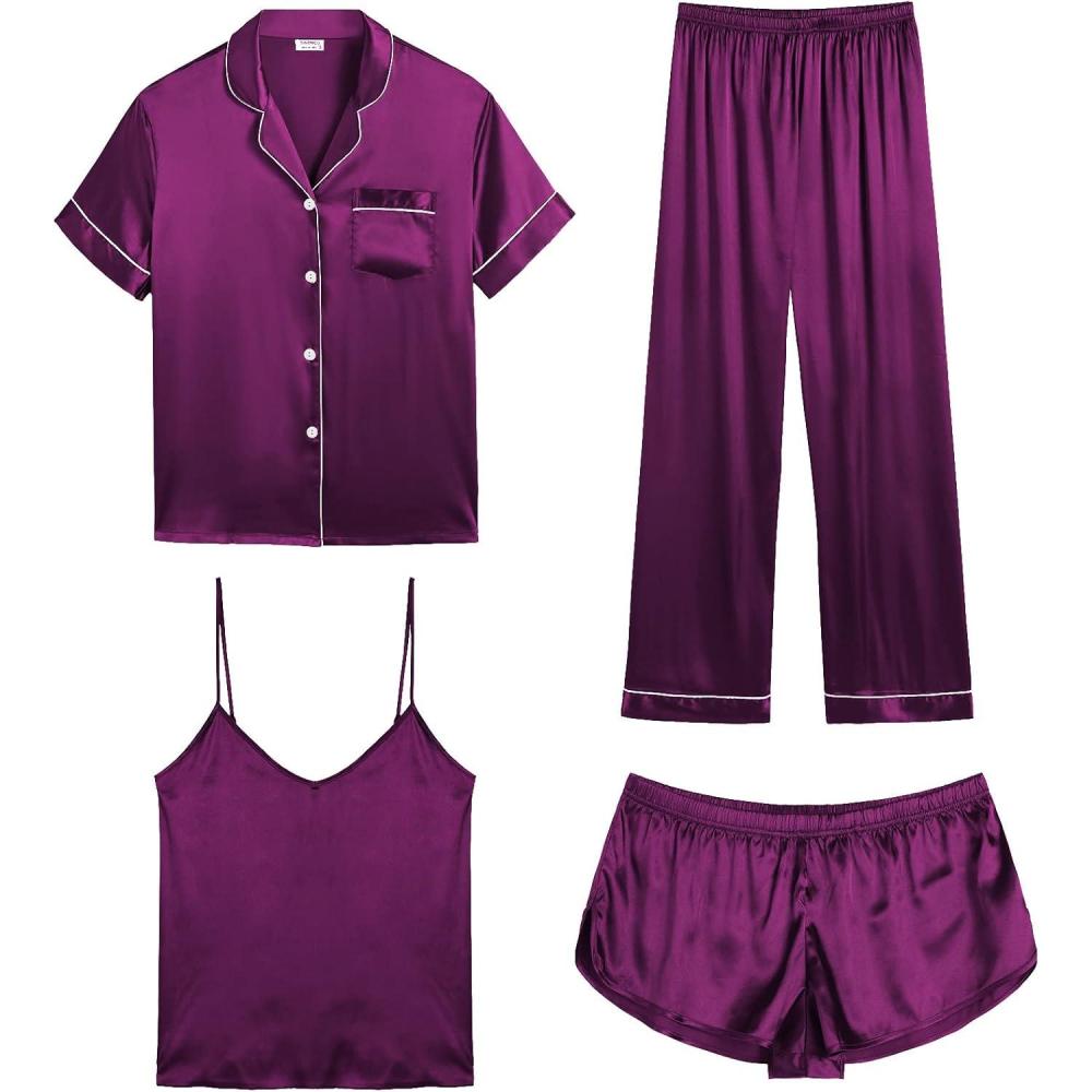 imageSWOMOG Womens Silk Satin Pajamas Sets 4pcs Sleepwear Sexy Cami Shorts Set and Button Down Short Sleeve Pjs LoungewearPurple