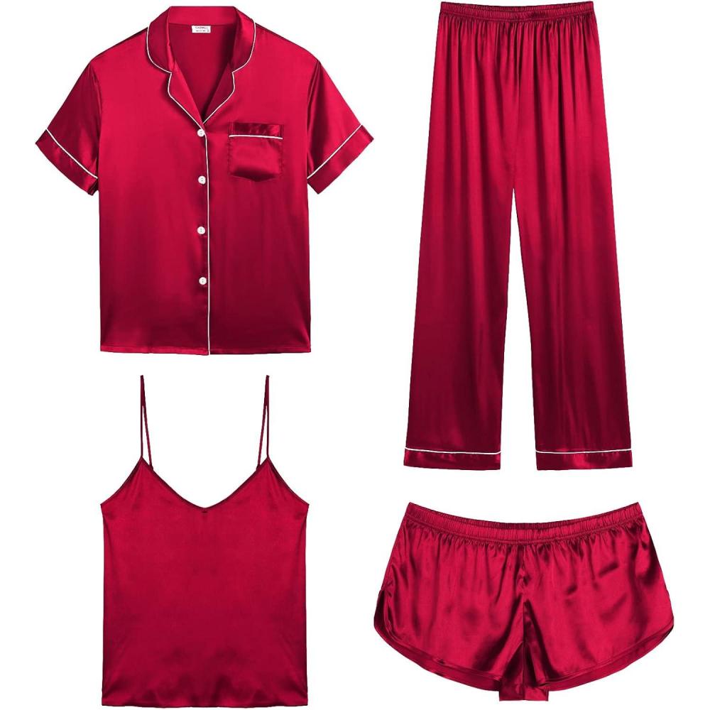 imageSWOMOG Womens Silk Satin Pajamas Sets 4pcs Sleepwear Sexy Cami Shorts Set and Button Down Short Sleeve Pjs LoungewearRed
