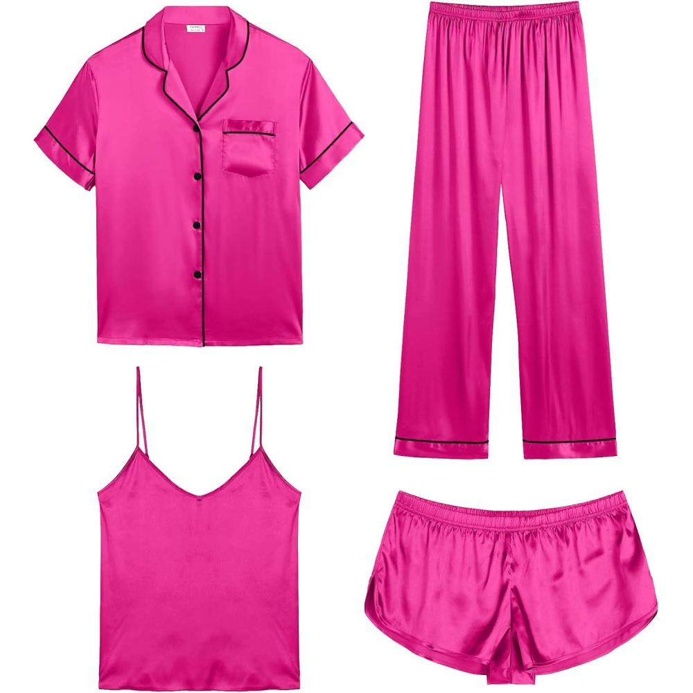 imageSWOMOG Womens Silk Satin Pajamas Sets 4pcs Sleepwear Sexy Cami Shorts Set and Button Down Short Sleeve Pjs LoungewearRose Red With Black Piping