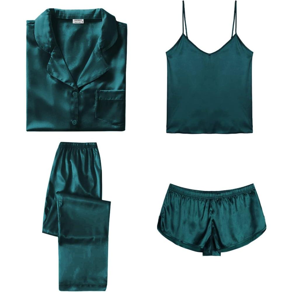 imageSWOMOG Womens Silk Satin Pajamas Sets 4pcs Sleepwear Sexy Cami Shorts Set and Button Down Short Sleeve Pjs LoungewearSolid Color Deep Green