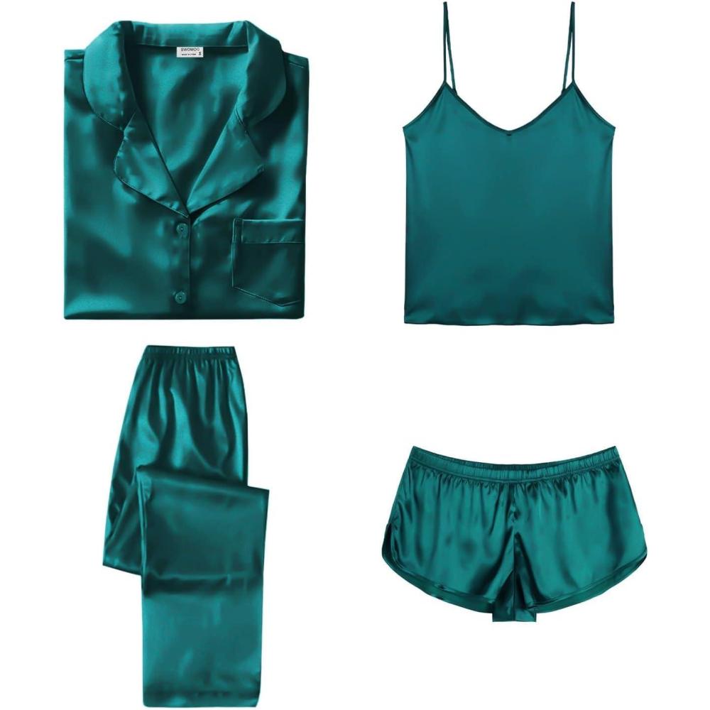 imageSWOMOG Womens Silk Satin Pajamas Sets 4pcs Sleepwear Sexy Cami Shorts Set and Button Down Short Sleeve Pjs LoungewearSolid Color Green