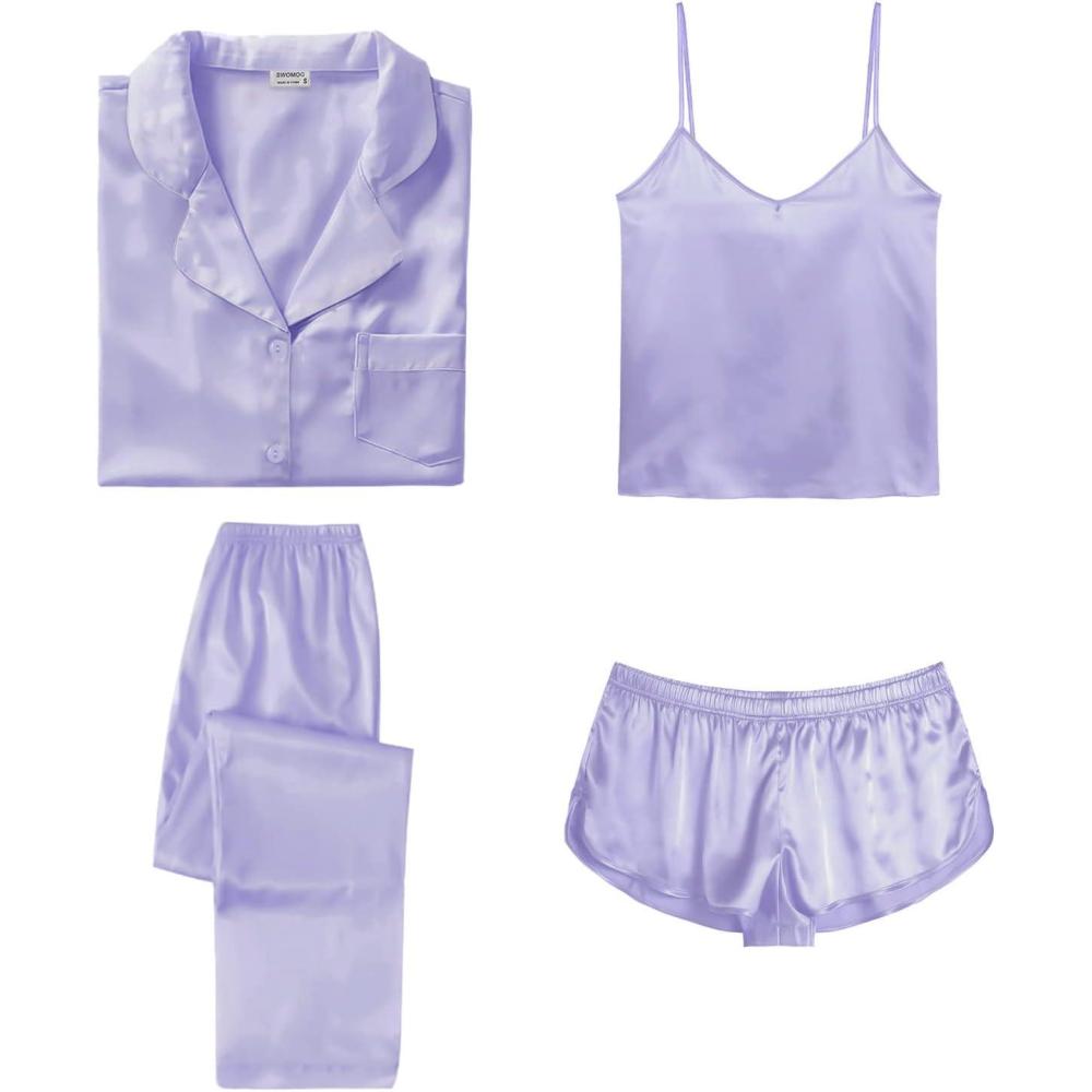 imageSWOMOG Womens Silk Satin Pajamas Sets 4pcs Sleepwear Sexy Cami Shorts Set and Button Down Short Sleeve Pjs LoungewearSolid Color Lavender