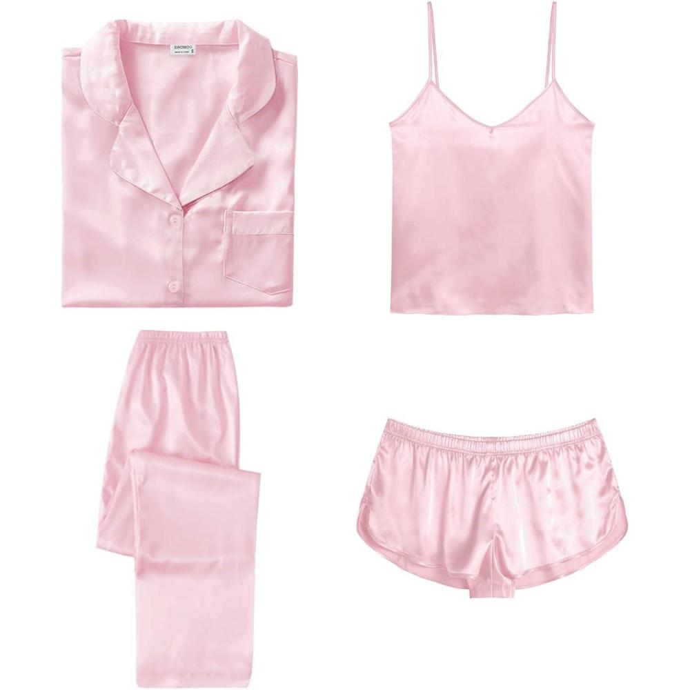 imageSWOMOG Womens Silk Satin Pajamas Sets 4pcs Sleepwear Sexy Cami Shorts Set and Button Down Short Sleeve Pjs LoungewearSolid Color Pink