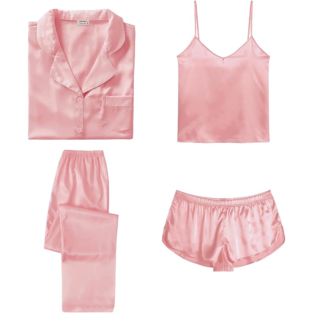 imageSWOMOG Womens Silk Satin Pajamas Sets 4pcs Sleepwear Sexy Cami Shorts Set and Button Down Short Sleeve Pjs LoungewearSolid Color Sakura Pink
