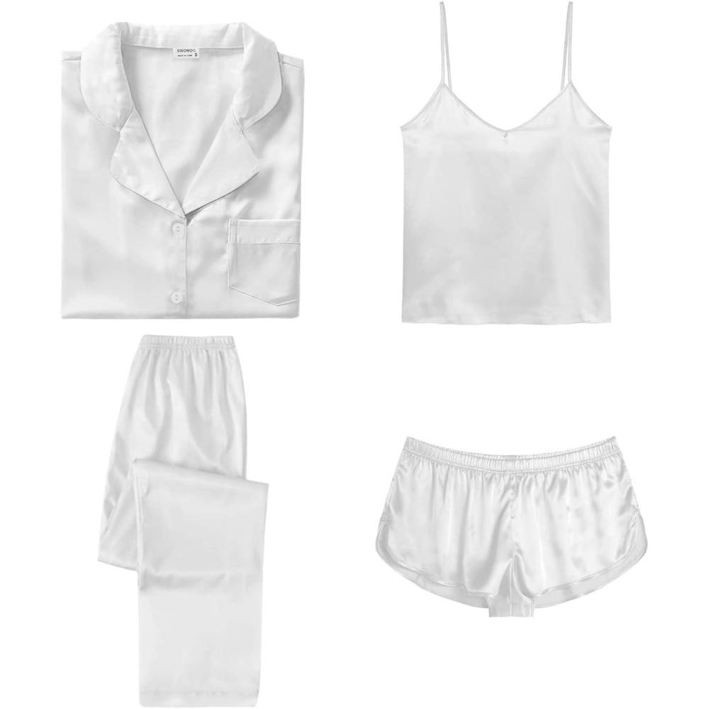 imageSWOMOG Womens Silk Satin Pajamas Sets 4pcs Sleepwear Sexy Cami Shorts Set and Button Down Short Sleeve Pjs LoungewearSolid Color White