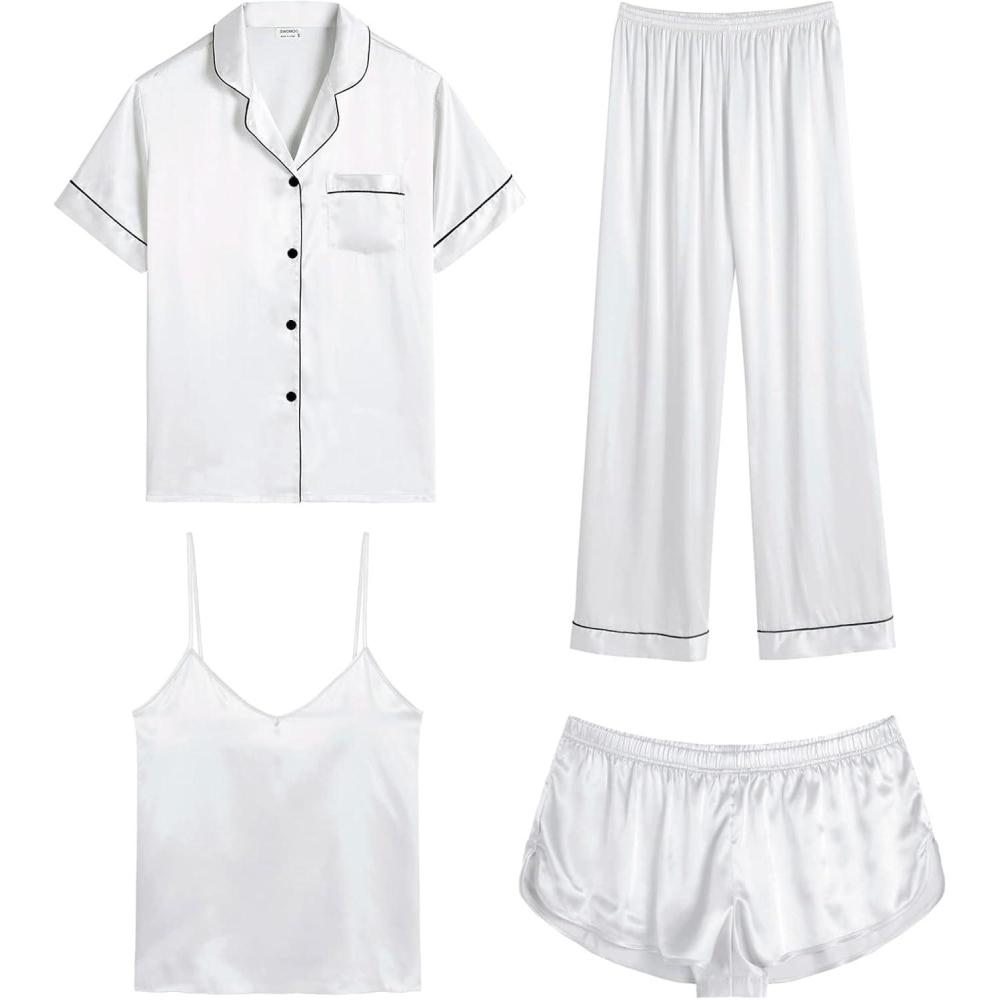 imageSWOMOG Womens Silk Satin Pajamas Sets 4pcs Sleepwear Sexy Cami Shorts Set and Button Down Short Sleeve Pjs LoungewearWhite