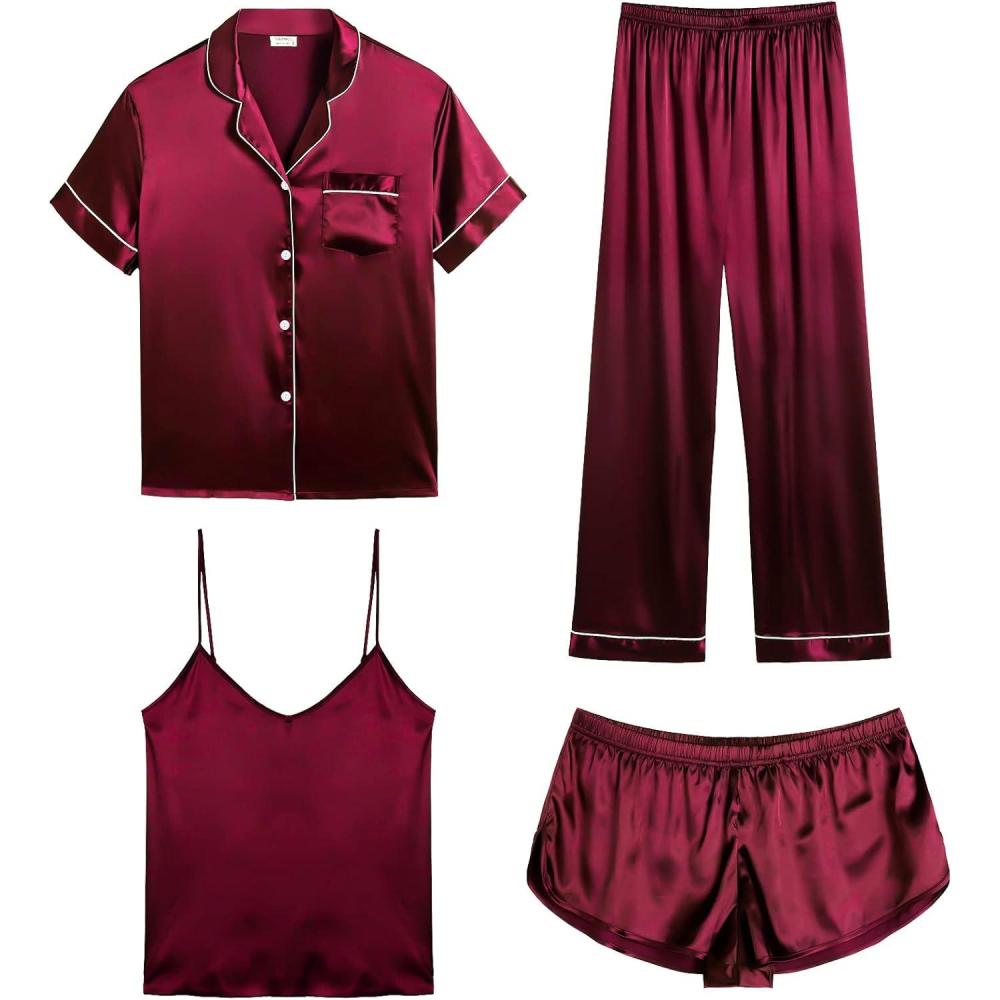 imageSWOMOG Womens Silk Satin Pajamas Sets 4pcs Sleepwear Sexy Cami Shorts Set and Button Down Short Sleeve Pjs LoungewearWine Red