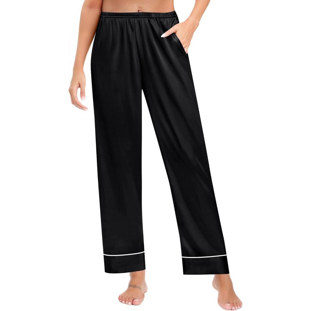 imageSWOMOG Womens Silk Satin Pants Wide Leg Pajama Bottoms Palazzo Lounge Pants Casual Loose Trousers Pj with Pockets