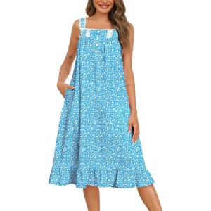 SWOMOG Cotton Nightgowns for Women Sleeveless Button Down Night Gown Soft Victorian Nightdress House Dress with Pockets(Blue Flower)